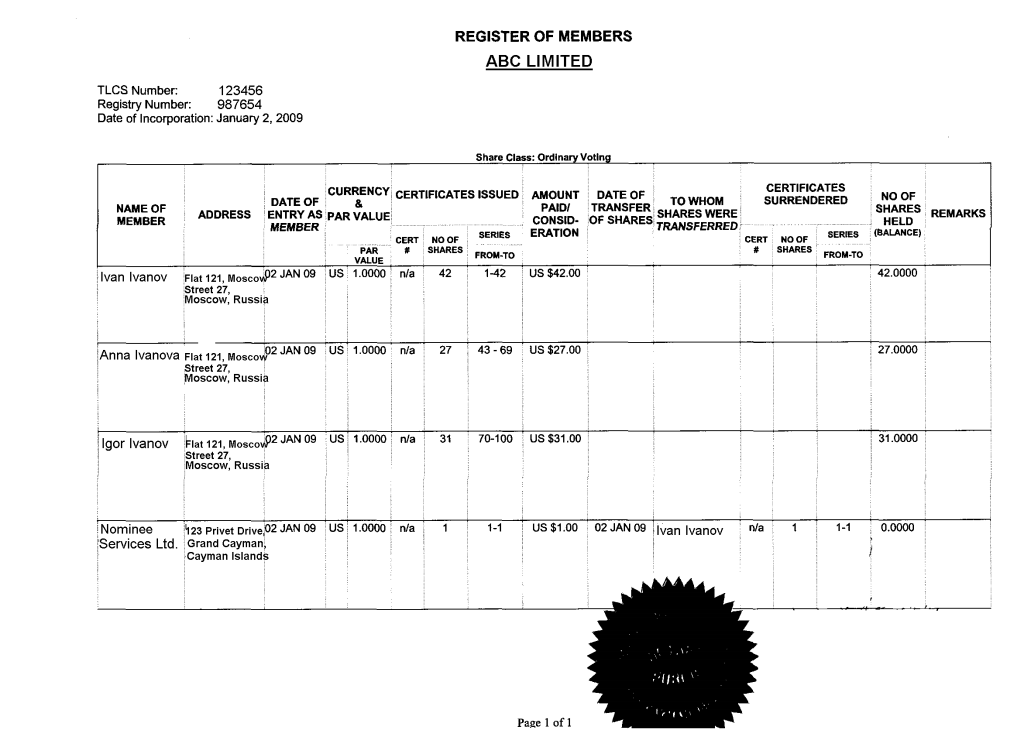 Companies registry filing