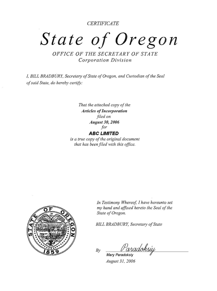 Oregon Certificate of Organization