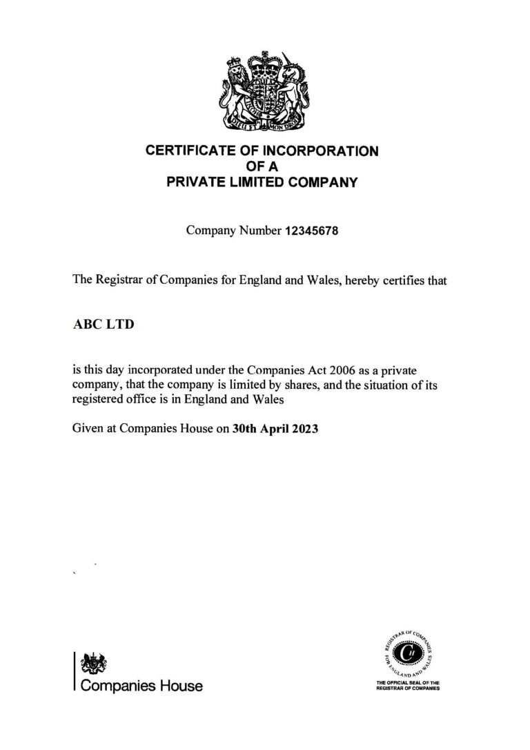 Свидетельство о регистрации / Certificate of Incorporation