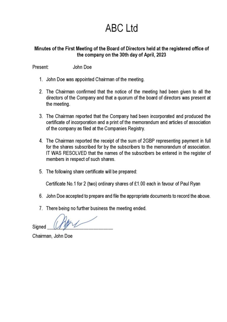 Протокол первого собрания директоров / Minutes of the First Meeting of the Board of Directors